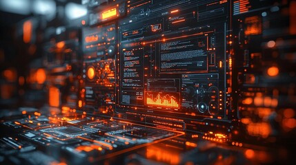 Futuristic Technology Interface with Glowing Orange and Blue Lights