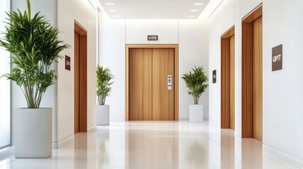 Fototapeta premium Modern classic wooden Elevator doors of office or hotel hallway, Lobby interior, corridor in house with lift,Black elegant lift for passenger or cargo elevators,copy space.