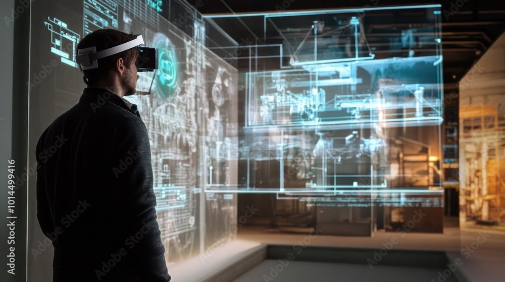 Poster man in vr headset viewing digital projections in a museum exhibit