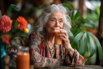 Fototapeta premium Elderly woman sits contentedly at a rustic wooden table, sipping her vibrant fresh organic smoothie amidst lush greenery and blooming flowers, healthy living