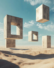 Floating cubes in desert landscape create surreal and captivating scene, with their geometric shapes contrasting against sandy terrain and blue sky