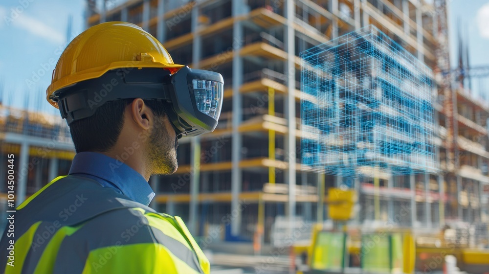 Poster Construction Worker Using Virtual Reality Headset to View 3D Building Model