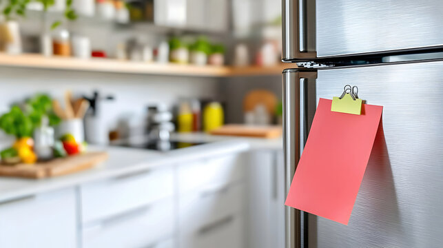 modern kitchen featuring stainless steel refrigerator with blank pink note attached. background showcases well organized space with various kitchen items, plants, and warm ambiance