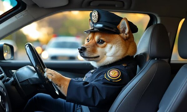 Inexperienced Shiba Inu police officer simulating driving a patrol car