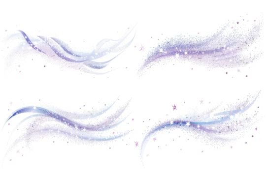 sparkling trails of stardust, leaves a trail of flickering light on a white background.