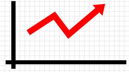 Stock arrow graph going up red arrow profit progress business finance graph on black grid and white background