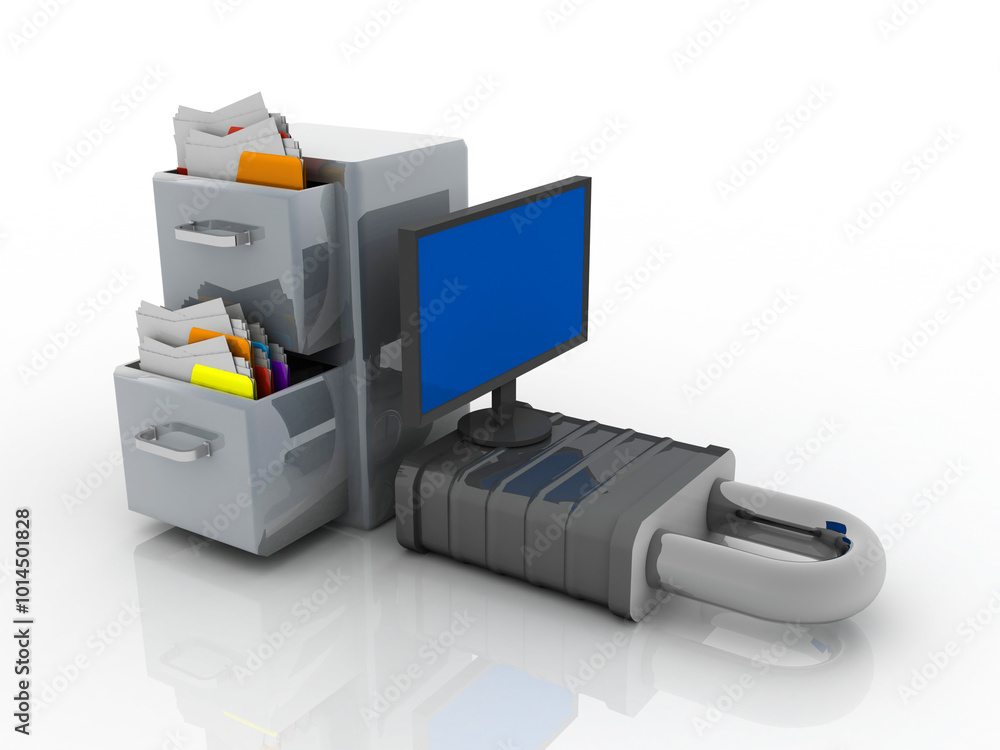 Poster 3d illustration safety concept: closed padlock protected computer with folder in locker
