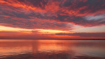 Fototapeta premium The sky at sunset, with vivid orange and red tones reflecting on the water and distant clouds catching the last rays of the sun 