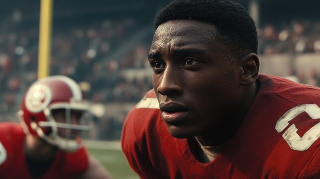 Close-up portrait of a young, determined African-American football player in a red jersey