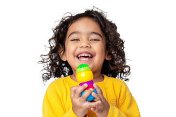 A first-grade student holding a colorful toy, giggling with delight, their eyes sparkling with happiness, on a white background.