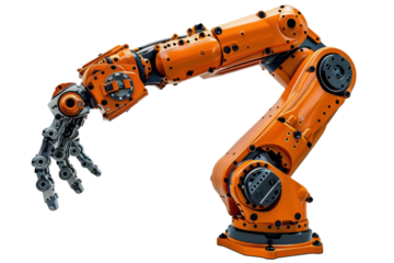 A robotic arm assembling parts on a white background.