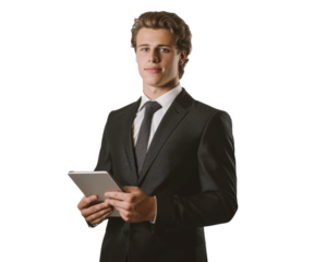 A young businessman from Europe, in a suit, holding a tablet, representing the strength and innovation of European business.