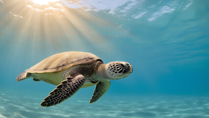 Obraz premium Majestic sea turtle gracefully swimming in sunlit turquoise ocean depths. World Wildlife Day