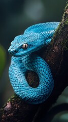 Fototapeta premium Intriguing close-up of a vibrant blue snake with hypnotic intense eye contact