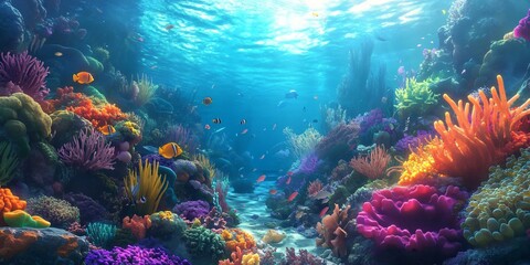 Obraz premium Vibrant coral reef with colorful fish swimming in the clear blue water.