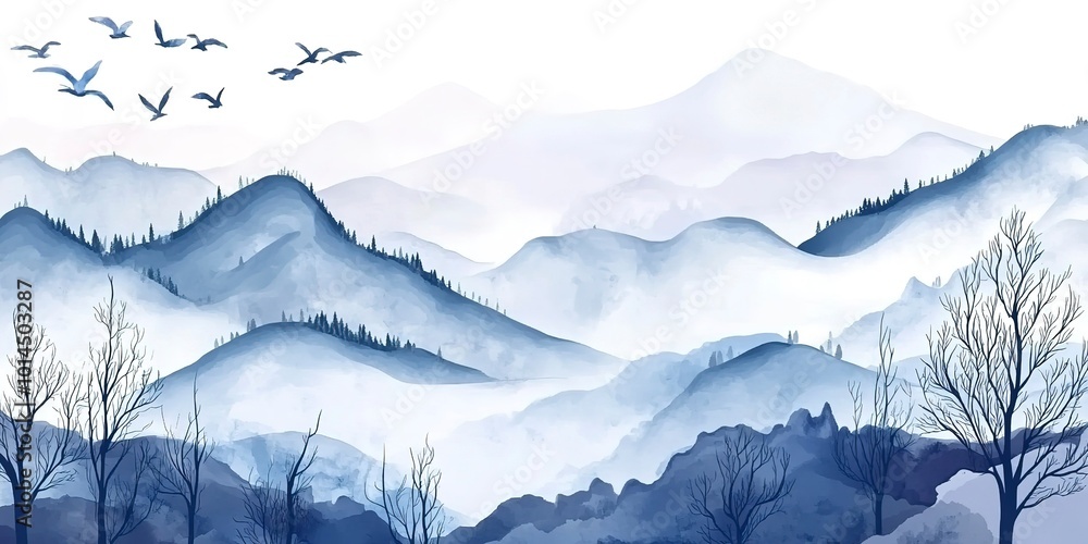 Poster Stunning watercolor mountains and trees. Nature landscape in artistic style. 