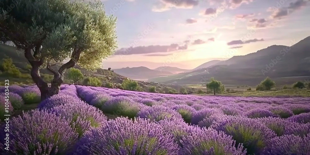 Poster Stunning landscape with lavender field at sunset  