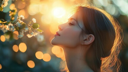 Woman Inhaling Fragrance of Flowers at Sunset