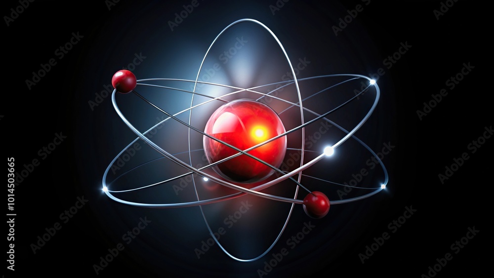 Wall mural close-up of atomic sphere with orbiting electrons in red highlighting physics principles on black ba