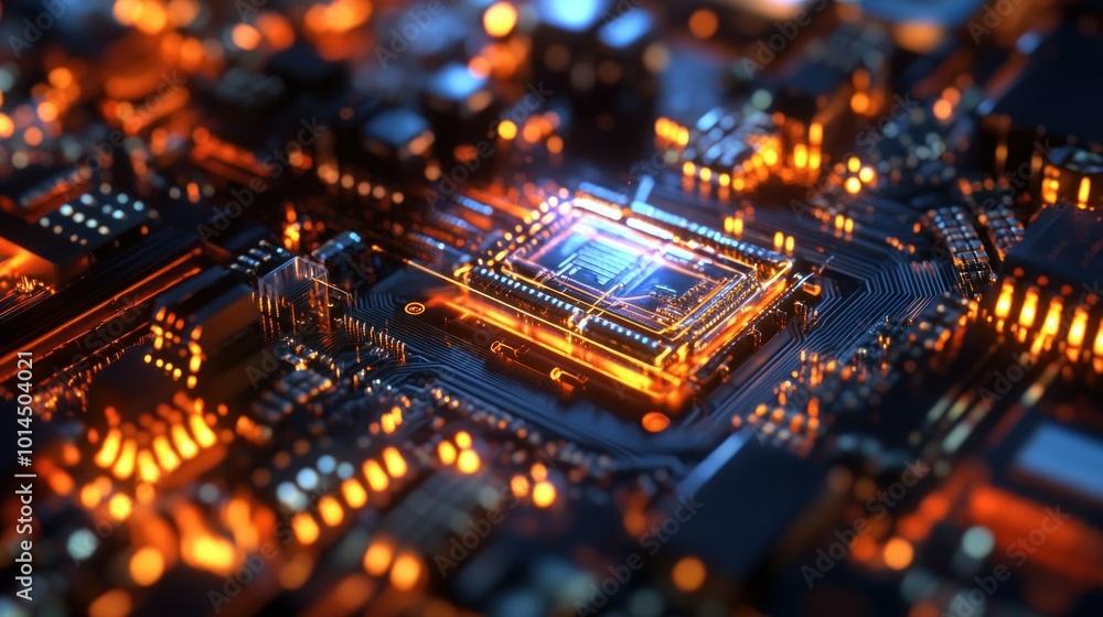Poster close-up of a glowing circuit board with a central processor