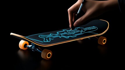 Custom Skateboard Design: A close-up shot of a hand meticulously drawing a unique design on a skateboard deck, showcasing the creative process and personalized touch.