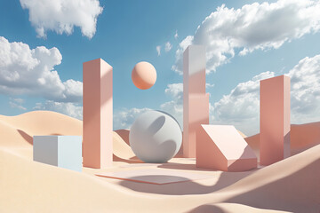 serene landscape featuring floating geometric shapes in soft pastel colors against bright sky. scene evokes sense of calm and creativity, perfect for modern design concepts