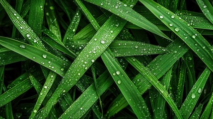 A top view of lush green grass texture with dew drops on the leaves