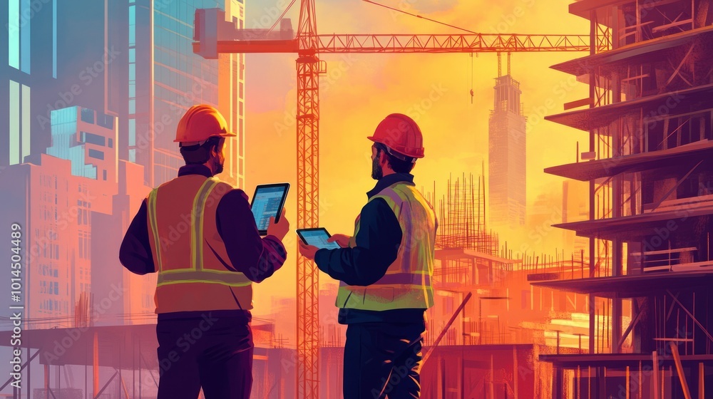 Poster two construction workers reviewing plans in front of a skyscraper under construction