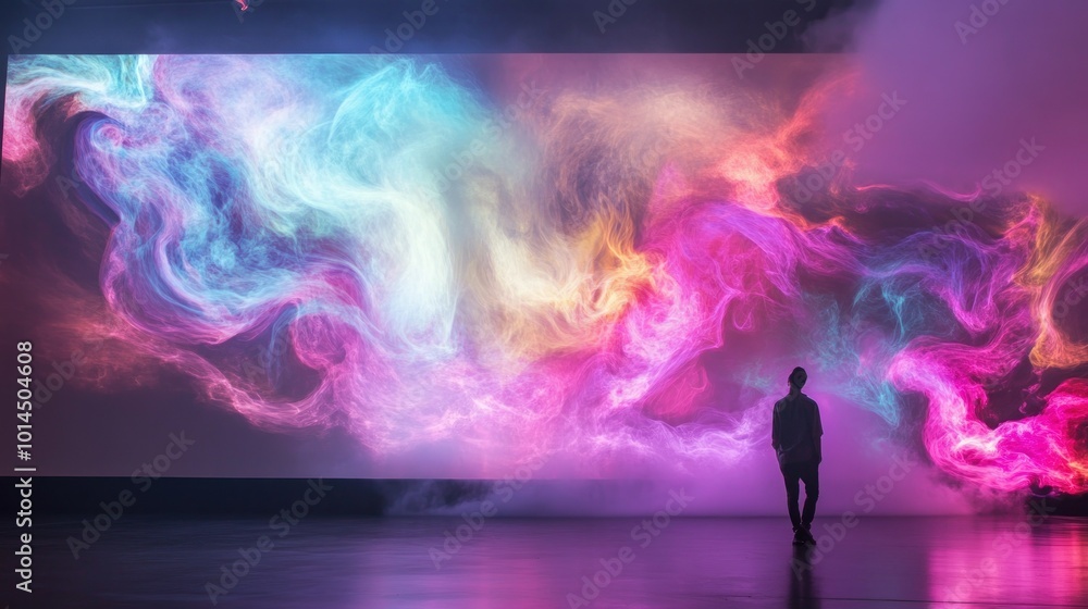 Aufkleber a lone figure standing before a large screen displaying swirling neon clouds