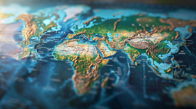 Global Geographic Features Highlighted on 3D World Map for Education and Graphics. Clear, Green, and Informative Design.