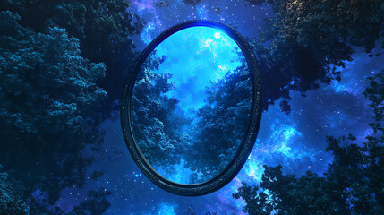 floating mirror reflects vibrant forest under starry night sky, creating surreal and enchanting atmosphere. deep blues and greens evoke sense of wonder and tranquility
