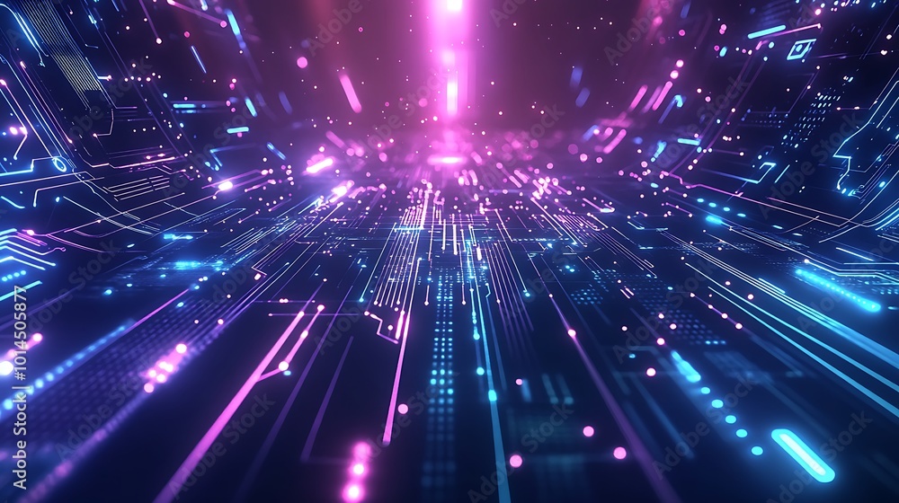 Poster abstract digital background with glowing lines and particles in neon pink and blue colors.
