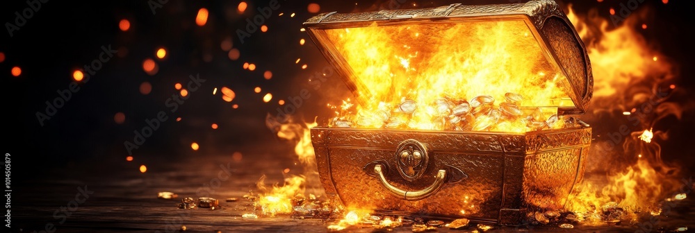 Poster a realistic, 3d rendering of a golden treasure chest with flames and sparks bursting out from its op