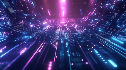 Fototapeta premium Abstract digital background with glowing lines and particles in neon pink and blue colors.