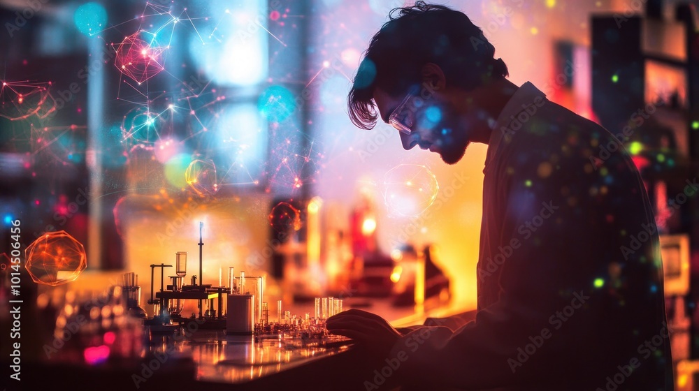Aufkleber a scientist working in a laboratory with glowing geometric shapes