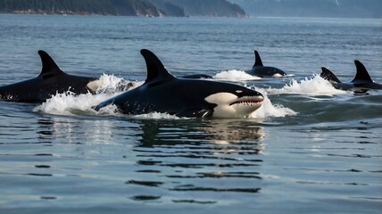 Fototapeta premium A pod of orcas intentionally beaching themselves