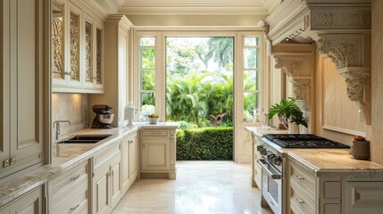 A classic Mediterranean kitchen with sleek marble countertops