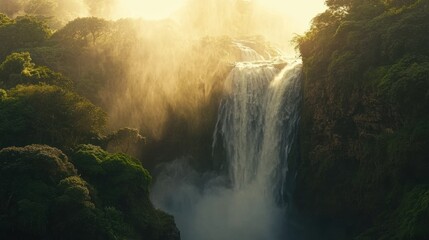 A Majestic Waterfall Cascading Through Lush Green Foliage Bathed in Golden Sunlight