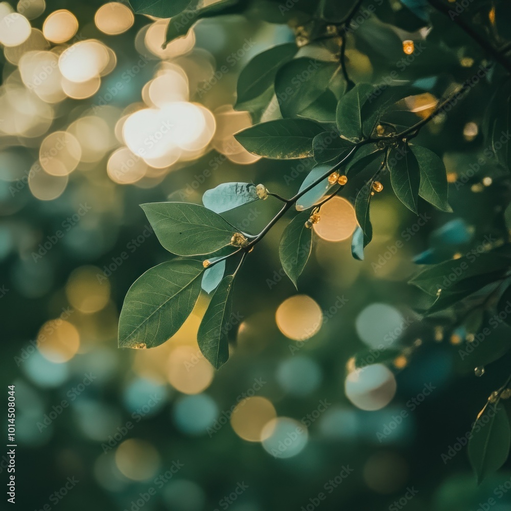 Poster green leaves and bokeh lights in a forest setting