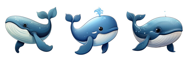 Three cute cartoon whales with vibrant blue colors, isolated on a white background.