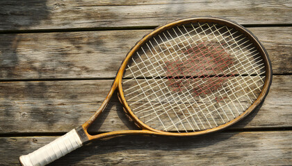 A vintage tennis racket rests on a wooden surface, showing signs of wear and a reddish stain, suggesting past use.