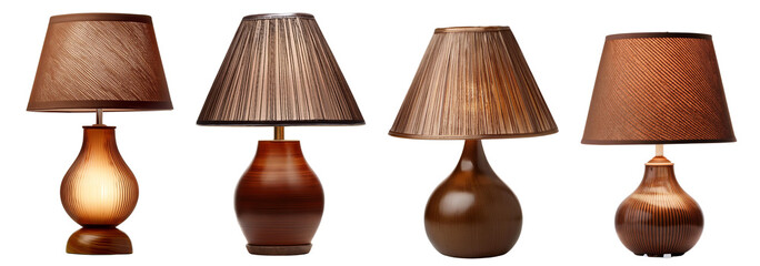 Four stylish table lamps with various shades on a white isolated background