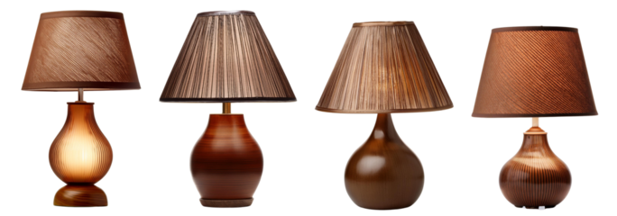 Four stylish table lamps with various shades on a white isolated background