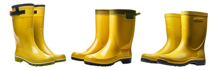 Three pairs of yellow rubber boots isolated on a white background.