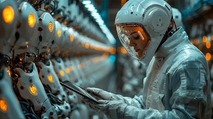 Astronaut Inspecting Robots in a Futuristic Factory