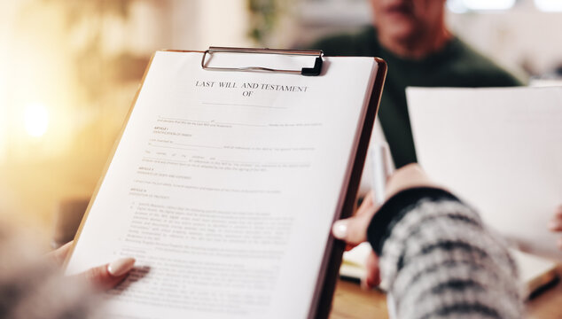 Hands, will and testament and people in office for application, future planning and asset protection. Advisor, document and clients in workplace for legal contract, agreement and finance preparation