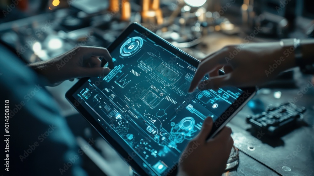 Aufkleber two hands interacting with a futuristic interface on a tablet