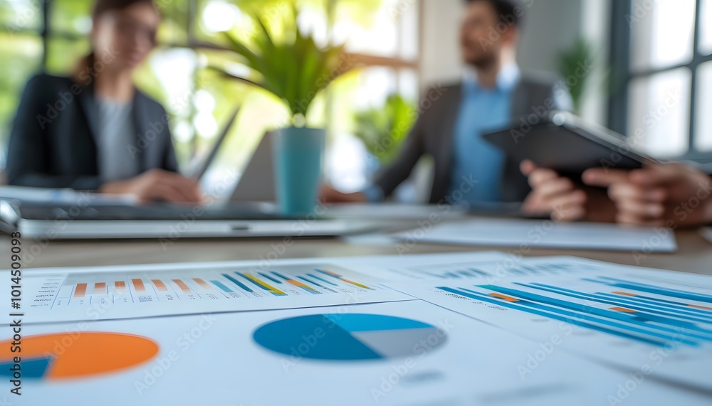 Poster blurred image of a business meeting with graphs and charts on a table