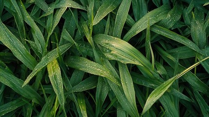 Obraz premium A top view of lush green grass texture with dew drops on the leaves