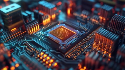 Obraz premium Close-up of a Computer Motherboard with a Glowing CPU